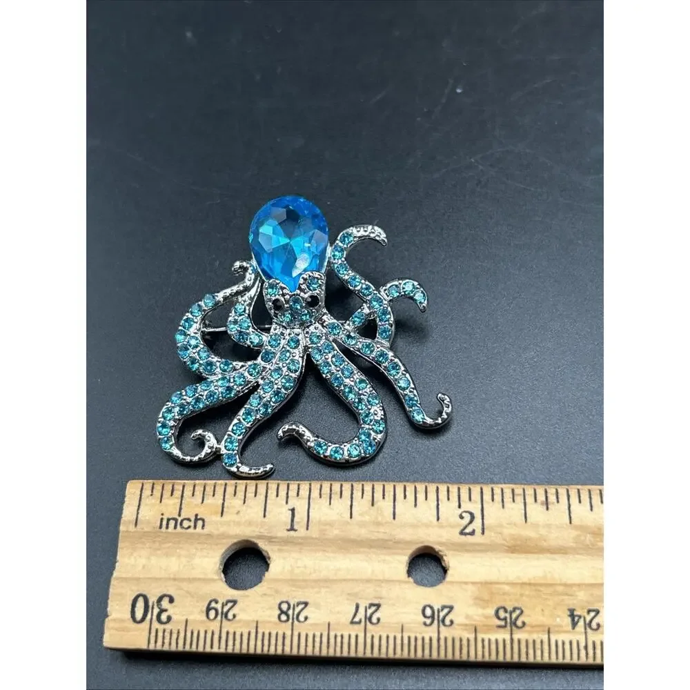 Modern Octopus Pin Brooch Silver Tone 1 3/4” Blue Rhinestones